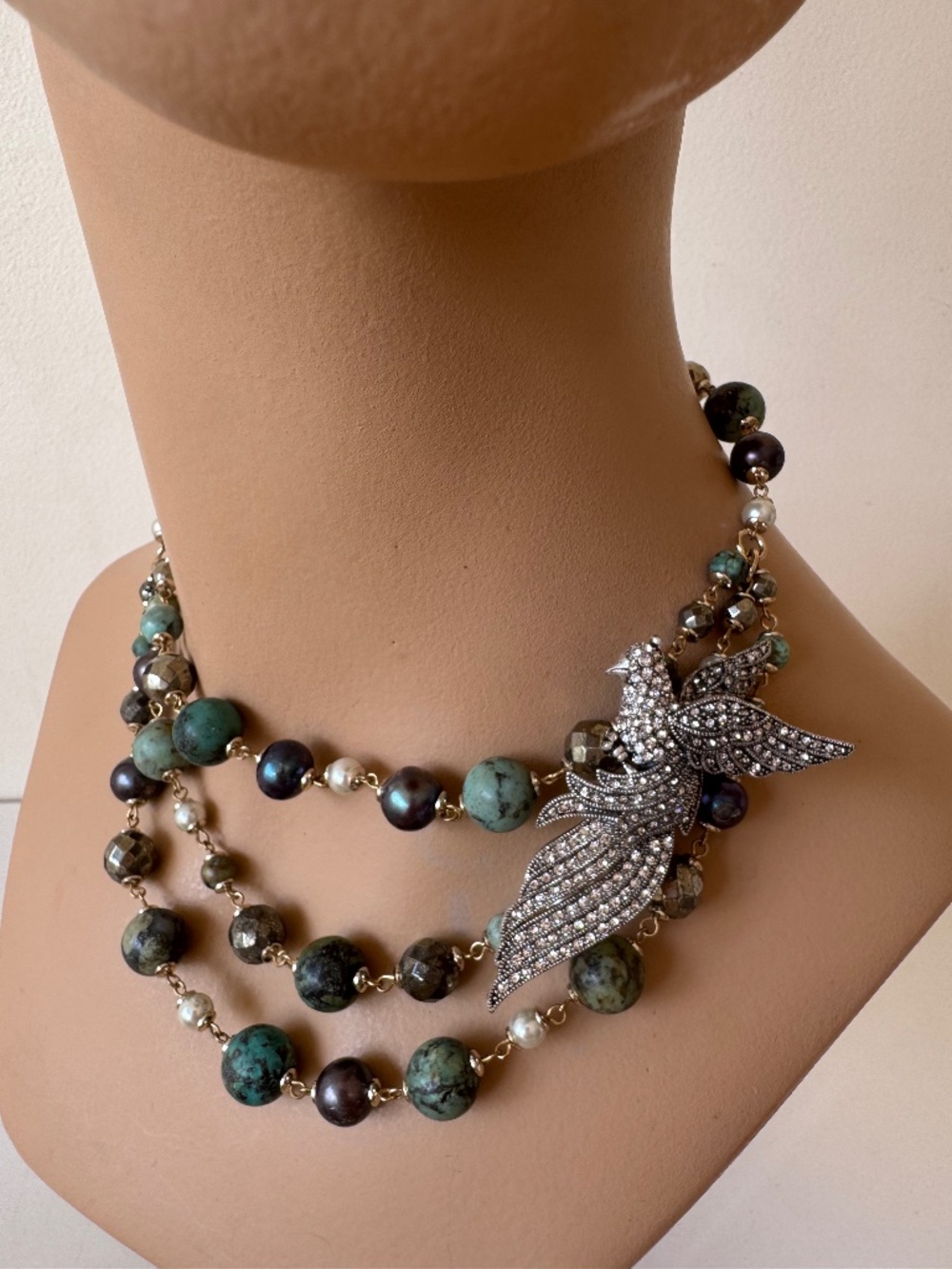 Lulu Frost Statement Necklace Crystal Bird Phoenix Multi Strand Beaded Signed
